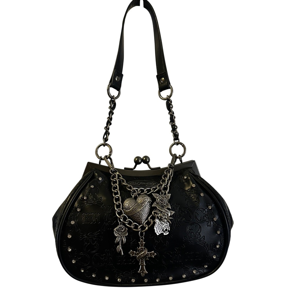 Ed Hardy Handbag Women OS Black NEW Vegan Leather Skull Embossed Kiss Lock Tote